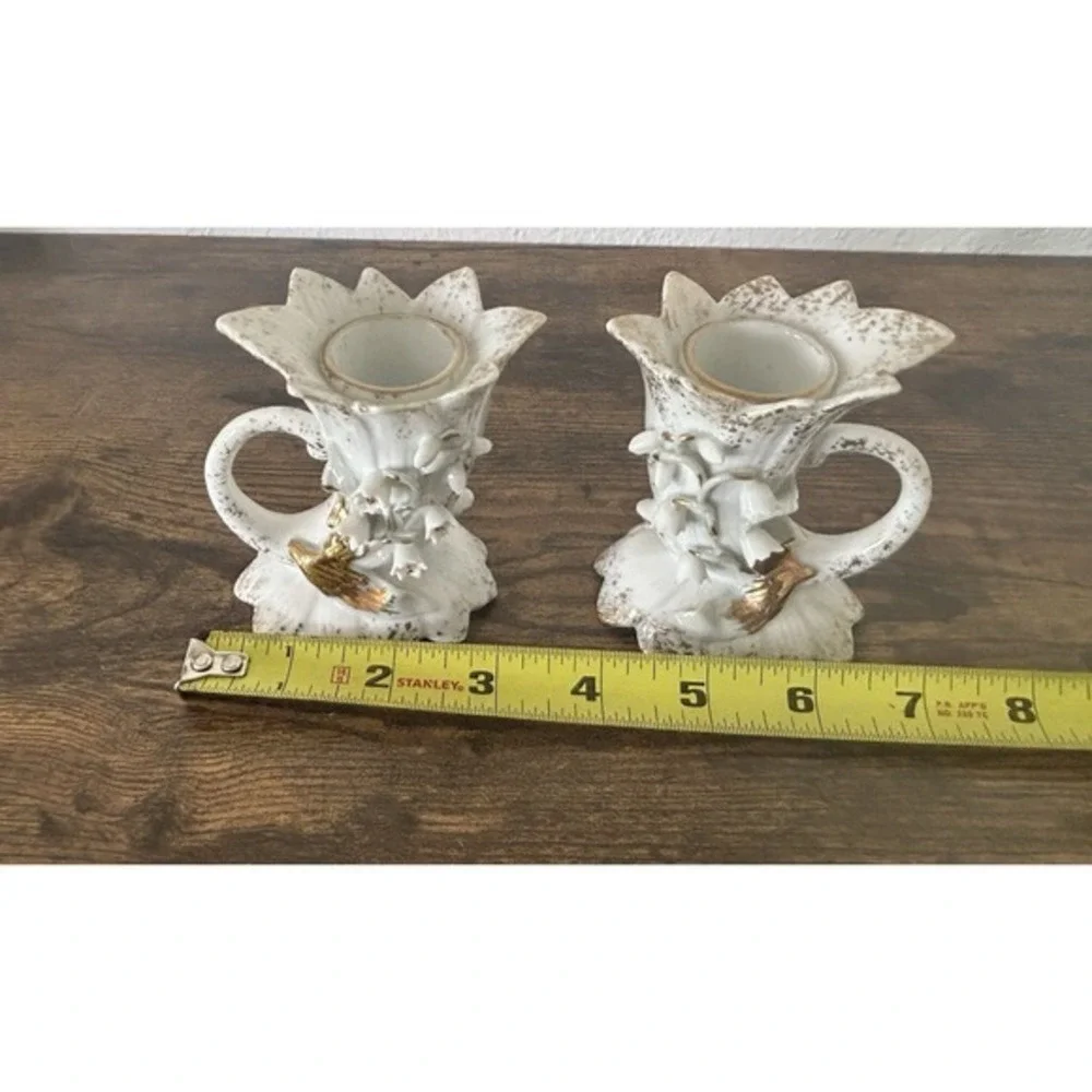 PAIR 2-PC Vintage Lefton China #285 Hand Painted 3D‎ Floral Candle Stick Holders